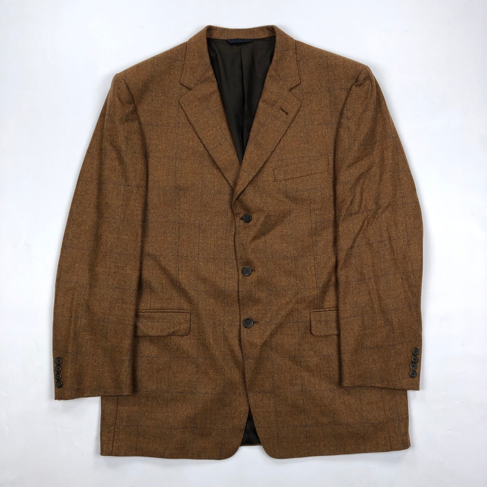 Burberry London Mens 46L Brown Windowpane Wool Cashmere 3 Button Blazer Jacket